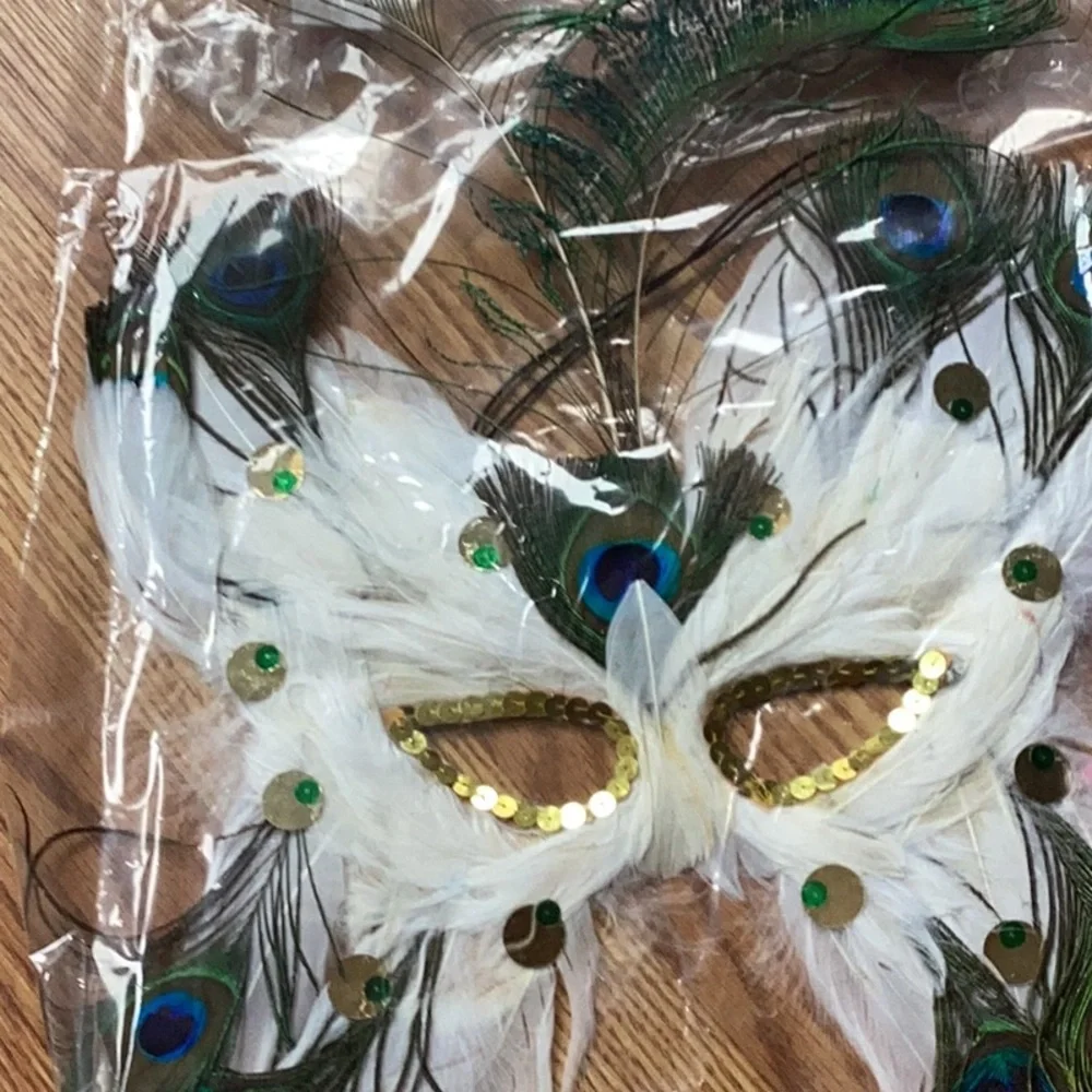 Peacock Feather Party Mask with Gold Accents